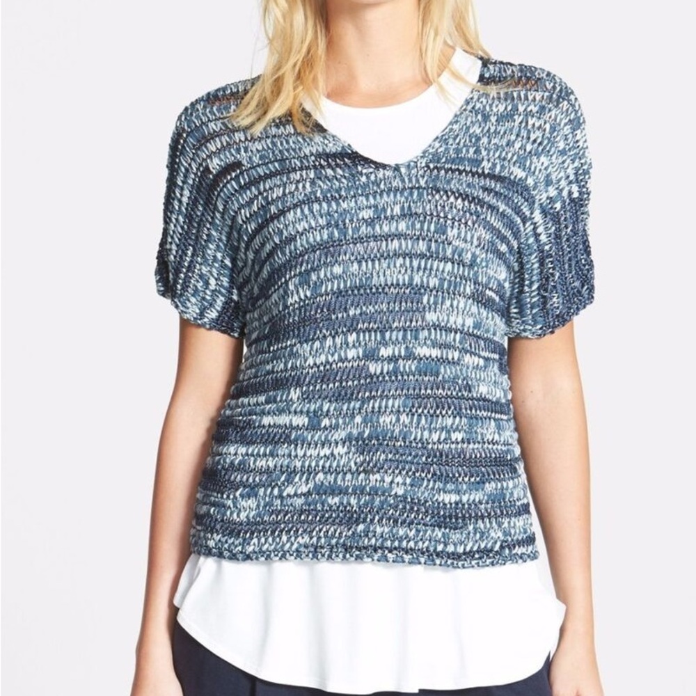 Woman's Eileen Fisher XS Brushstroke Tape V- Neck Knit Sweater Blue/Multi